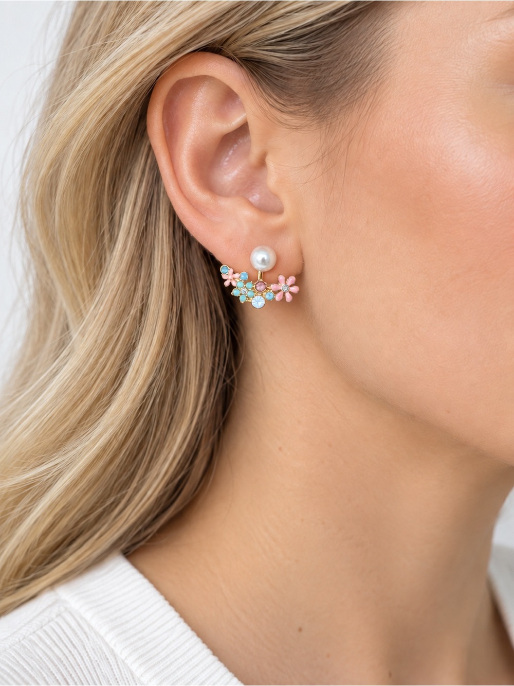 Gold Tone Pearl Floral Rhinestone Ear Jacket Earrings